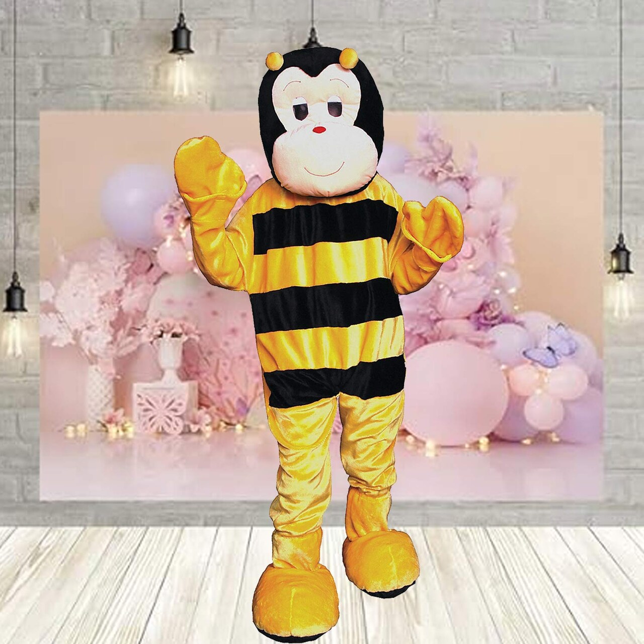 Adult Bumble Bee Mascot Costume Yellow and Black Jumpsuit with Head Mitts and Feet